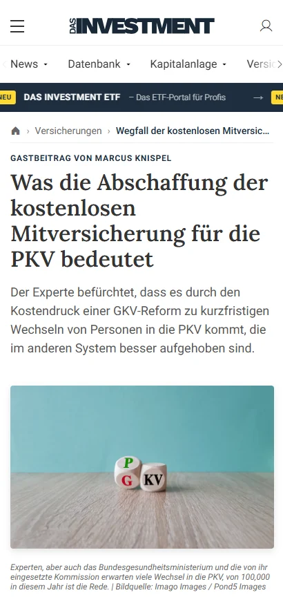 Screenshot: Was die Abschaffung der kostenlosen Mitversicherung für die PKV bedeutet, DAS INVESTMENT